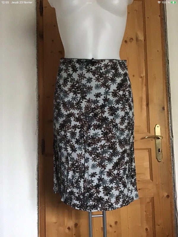 Jupe grise imprimée floral marron/noir vintage 80s Kookaï