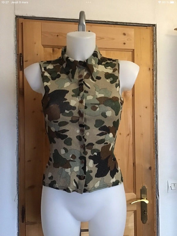Top chemise extensible camouflage vintage 90s fabriqué en France Sinequanone