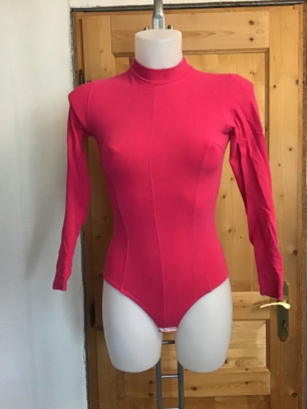 Body rose fushia surpiqué manches longues col montant vintage 80s Kookai