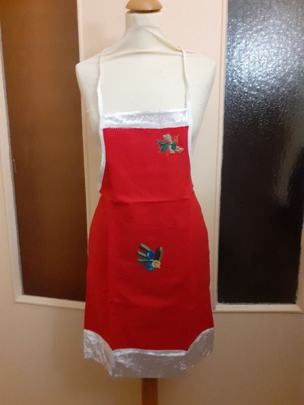 Tablier de cuisine rouge & velours blanc Noël brodé