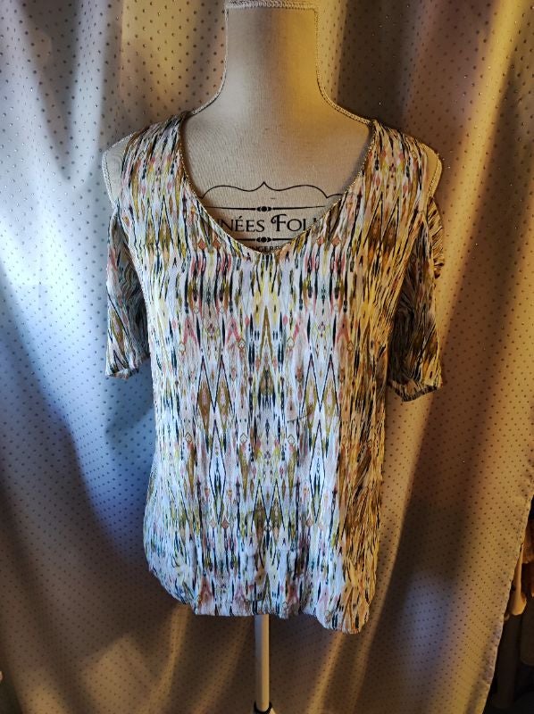 Blouse Grain de Malice à motifs colorés, épaules dénudées, taille 38, TBE!