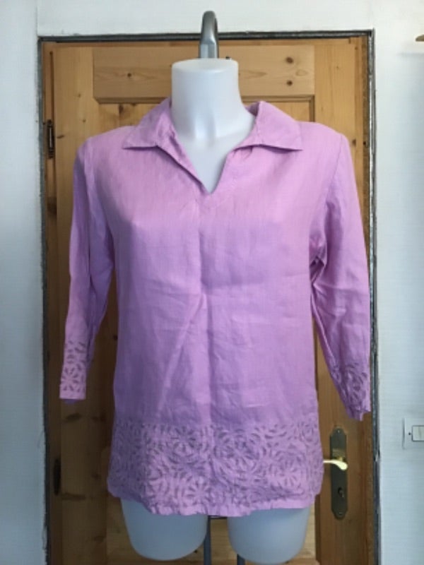 Tunique col ouvert brodée mauve et gris 100% lin manches 3/4 vintage 90s Bensimon