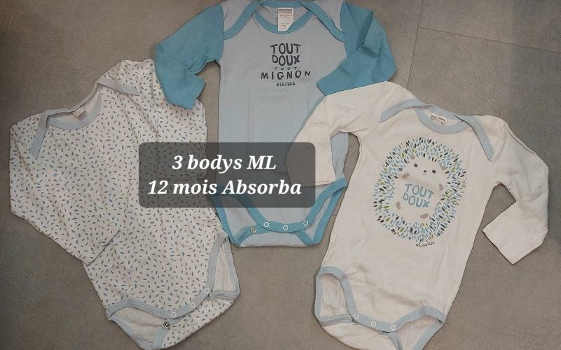 Lot 3 body ML Absorba 12 mois Tout doux bleu