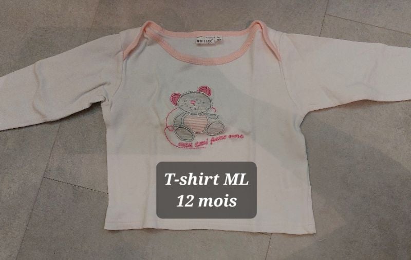 Maillot de corps,  tee-shirt manches longues 12 mois ourson rose