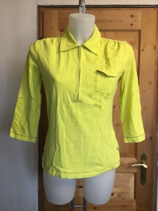 Sweat polo jaune fluo motifs velours 95% coton manches 3/4 épaules froncées vintage 90s Mexx