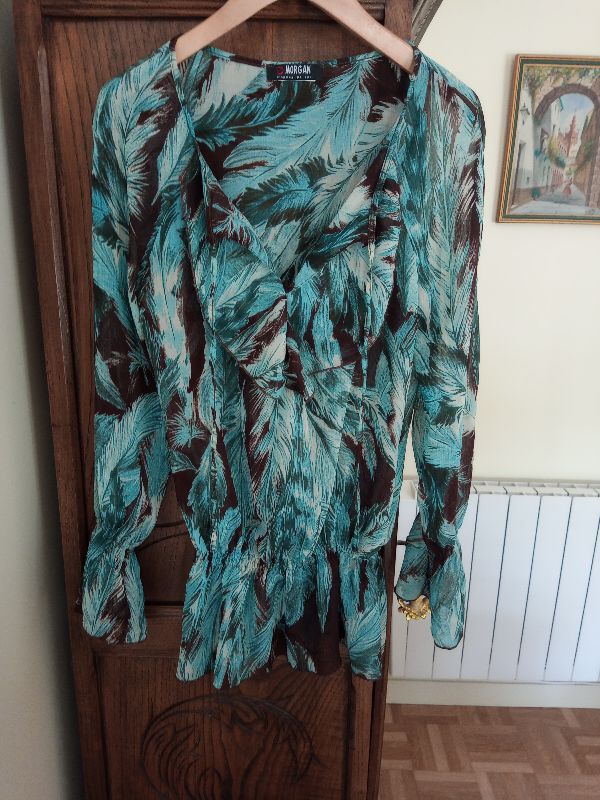 Tunique manches longues bas volanté turquoise motif marron Morgan