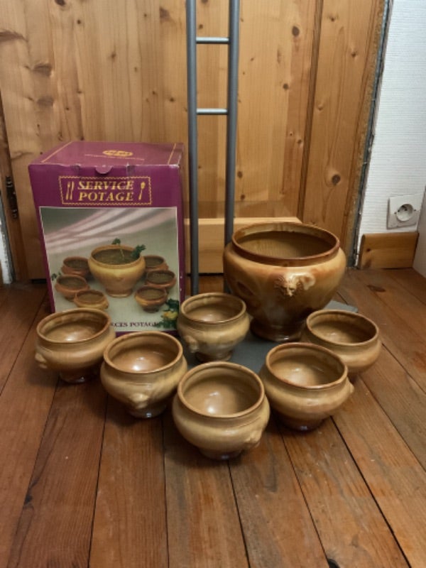 Service à potage «lion » 7 pces céramique artisanale marron fabriqué en Italie vintage 80s Alza