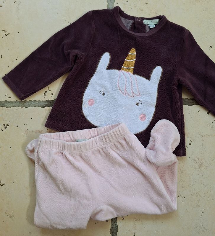 Pyjama velours Mes petits cailloux licorne - 9/12 mois