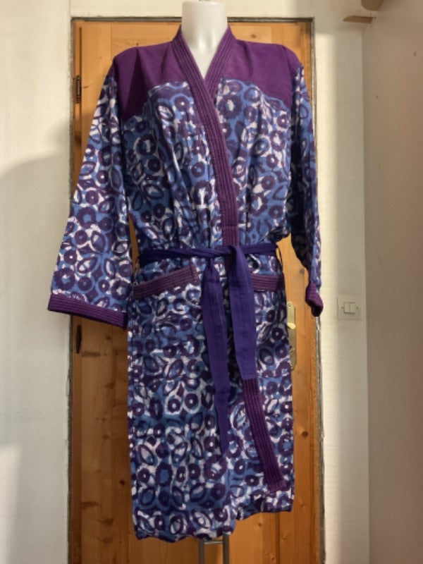 Peignoir bleu violet batik artisanal 100% coton acheté au Sénégal vintage 90s Nag Jarinu