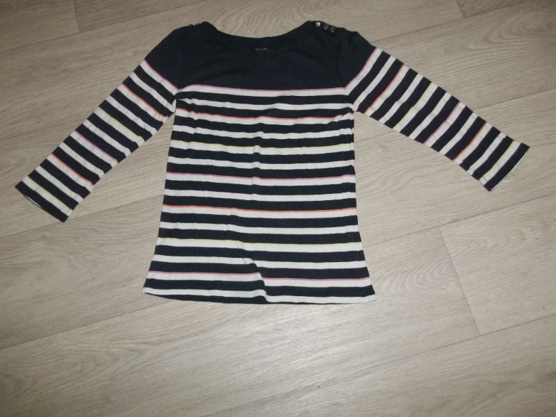 Tee shirt CAROLL bleu marine rayé blanc, orange, rose, jaune taille 36 TBE