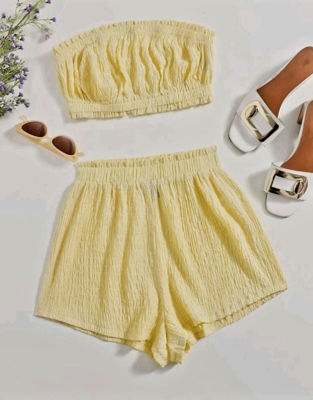 Pyjama top et short tissu crêpe jaune S / 36 / 8·Neuf sans étiquette·Shein