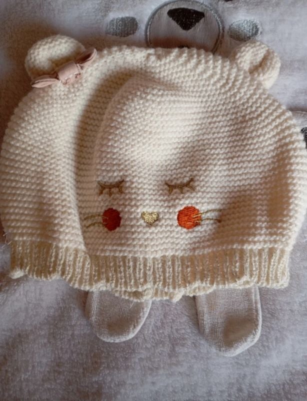Bonnet bébé fille tricoté, motif chat, Sergent Major - T2 (6-12 mois)